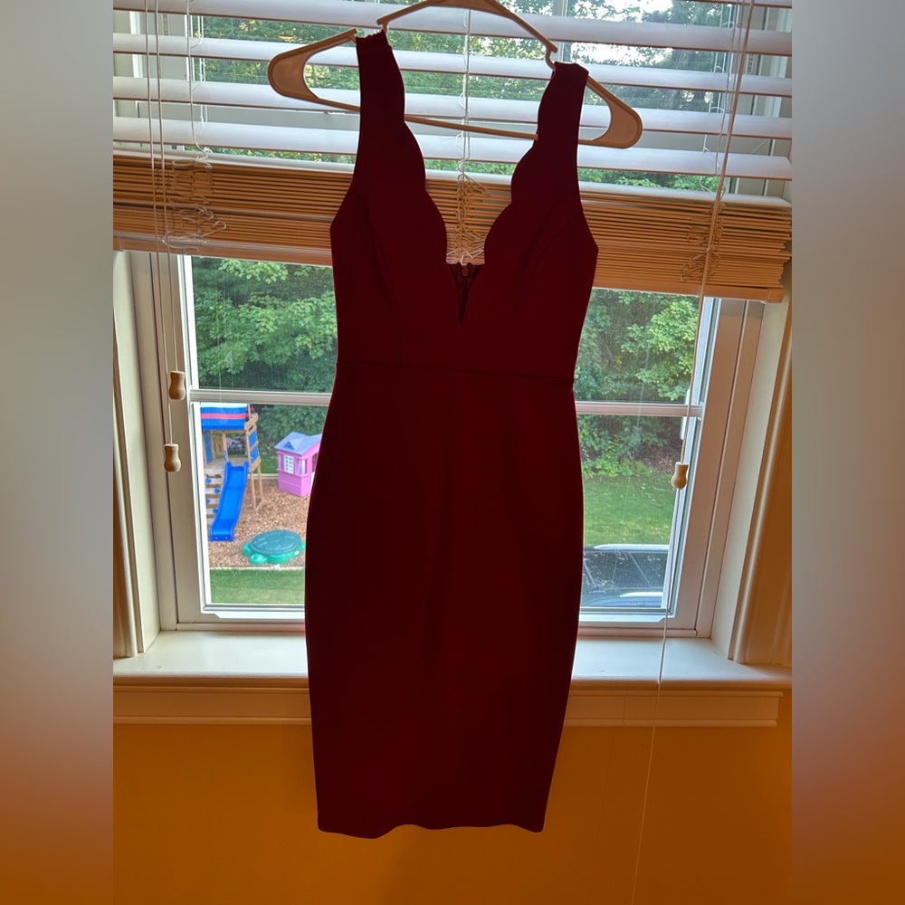 Wine colored fitted dress.